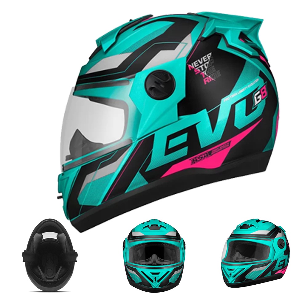 Capacete Pro Tork Evolution G8 Solid e Fosco Brilhante com Viseira Cristal mais Narigueira Aerofólio Entradas de Ar Forro Removivel Masculino Feminino Moto Motoqueiro Adulto Preto Fosco Azul Laranja Verde Rosa Pink Branco