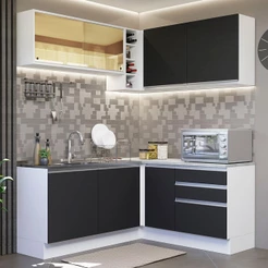 Cozinha Completa de Canto Madesa Glamy 329002 com Armário e Balcão (Sem Tampo e Pia) - Branco/Preto