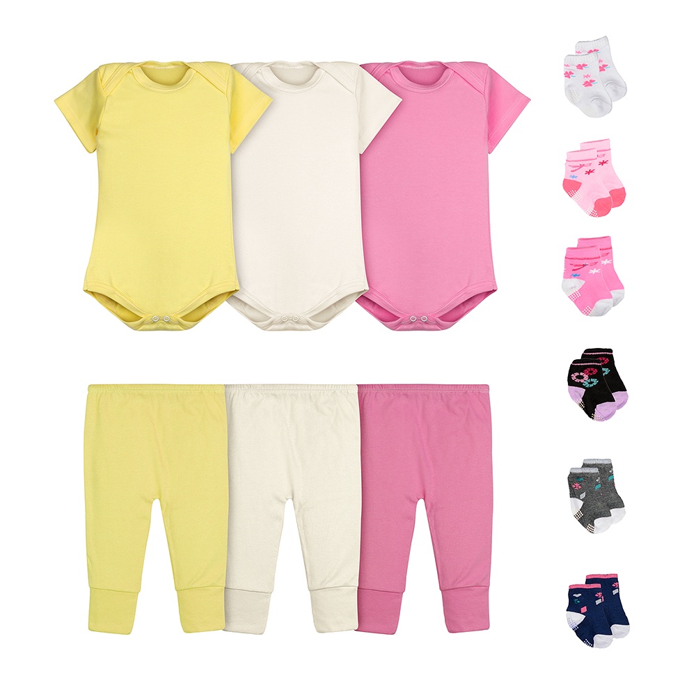 Kit 12 Peças Body Bebê Menina Manga Curta Calça Mijão e Meias