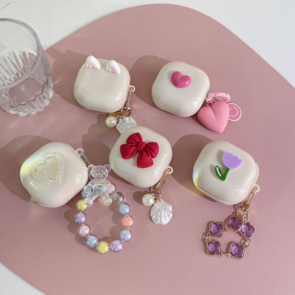 Capa Para Samsung Galaxy Buds 2/2 Pro Flor Coração De Pérola Com Chaveiro Pulseira Macia TPU Live Buds2