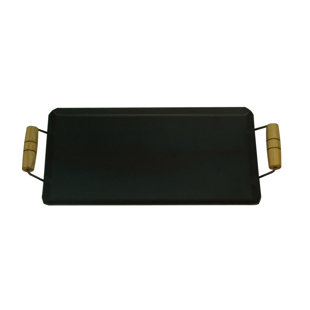 Chapa Retangular Média Retangular Aço Carbono 42 cm Com Cabos em Madeira Bifeira Bifiteira Grelha Lanche Porções Fogão Churrasqueira Rancho Pesca Viagem Camping Acampamento Caminhão Fritadeira