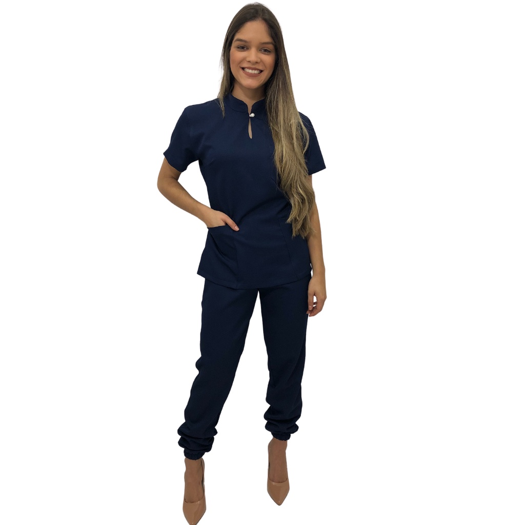 Scrub Pijama cirúrgico gola padre com bordado em oxford feminino