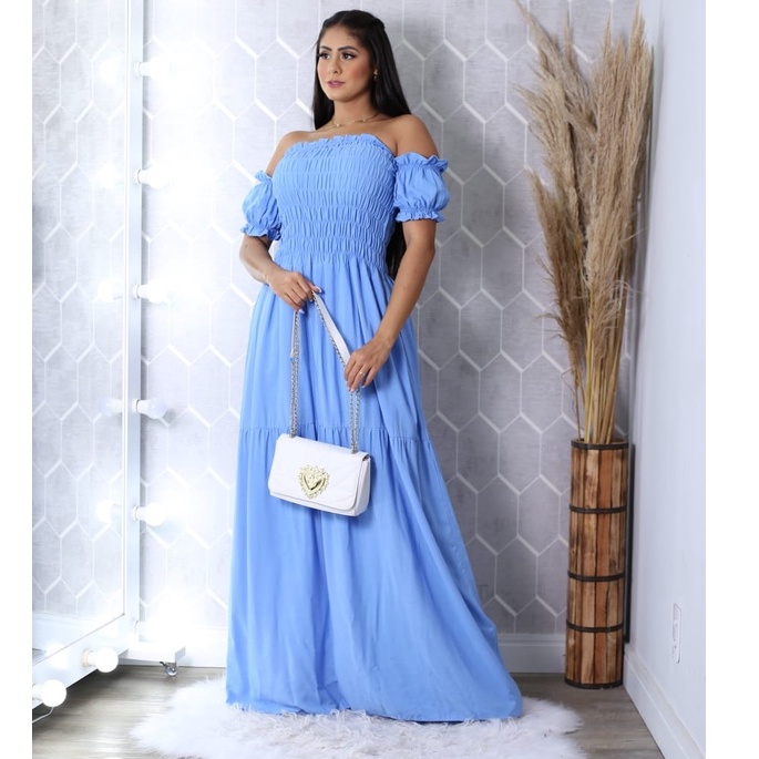 Vestido ciganinha  Longo Lastex no Busto Moda Feminina Verão vestido com foro