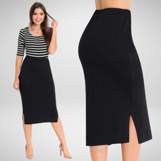 Saia Midi Lápis Secretária Social Moda Evangélica Canelada Cintura Alta Modeladora Preta