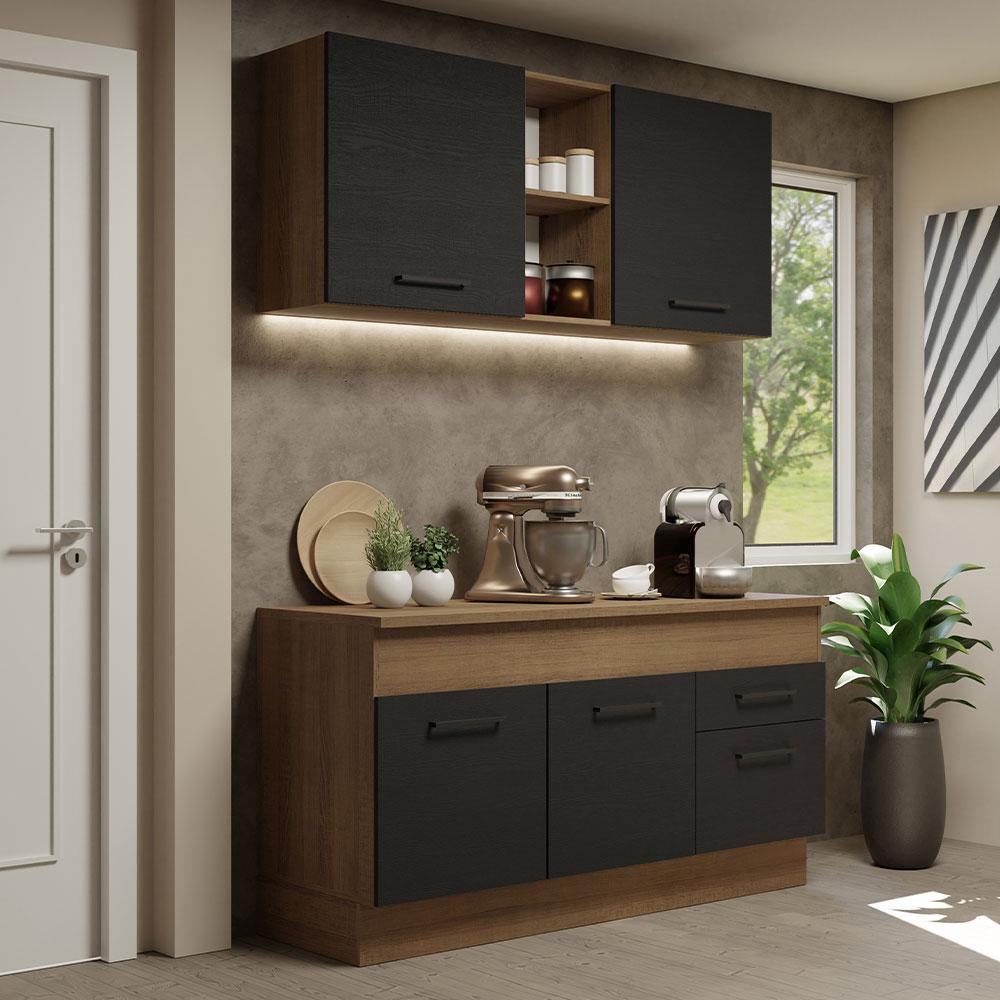 Armário de Cozinha Compacta 150cm Rustic/Preto Agata Madesa 01 em Oferta na Shopee