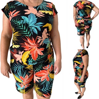 Conjunto feminino estampado de malha fria plus size liganete para idosos com manga/ Verão Tamanho 44 a 54