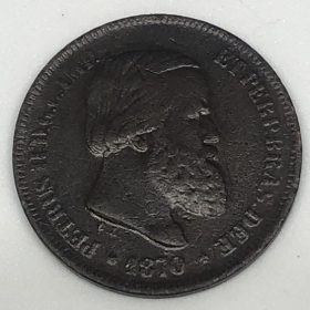 10 RÉIS 1870 BRASIL  PERÍODO: IMPÉRIO IMPERADOR PEDRO II  CATÁLOGO: KRAUSE KM#473  PESO: 3.5 G  DIÂMETRO: 2.0 MM  ESPESSURA: 1.5 MM  BORDO: LISO  METAL: BRONZE  CONTINENTE: AMÉRICA
