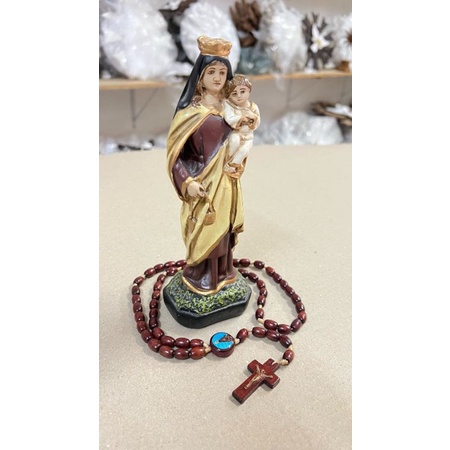 Linda Imagem em Gesso de Nossa Senhora do Carmo 20x 10 cm + Terço em Madeira