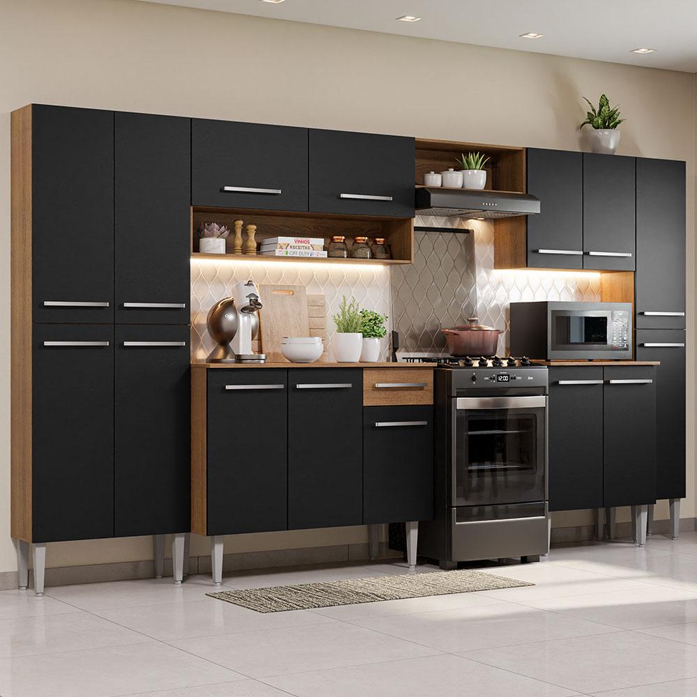Armário de Cozinha Completa 325cm Preto/Rustic Emilly Joy Madesa - Home & Living