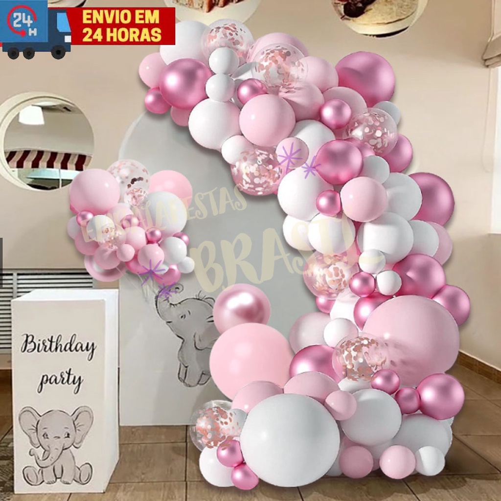 Kit 125 Balões Rosa Candy + Branco + Cromados Rosa Para Festas e Aniversários