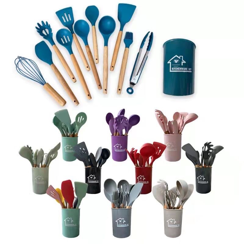 kit de utensílios - Jogo de utensílios silicone c/ cabo madeira Kit Utensílios Colheres Silicones 12 Peças Copo Suporte