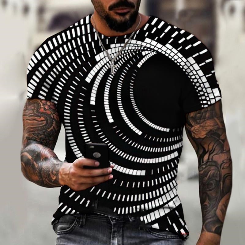 Camiseta Preta Masculina 3D Estampada Manga Curta Gola Redonda