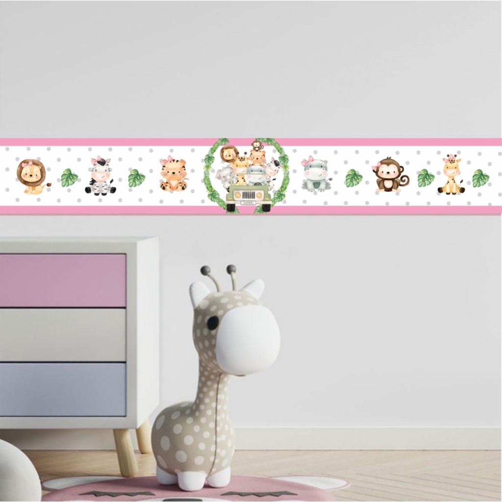 Faixa Adesiva Decorativa  Safari Menina - Papel de Parede Quarto Infantil - Adesivo de Parede - Decoração de Quarto