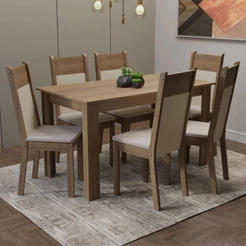 Conjunto Sala de Jantar Madesa Medelin Mesa Tampo de Madeira com 6 Cadeiras - Rustic/Crema/Bege