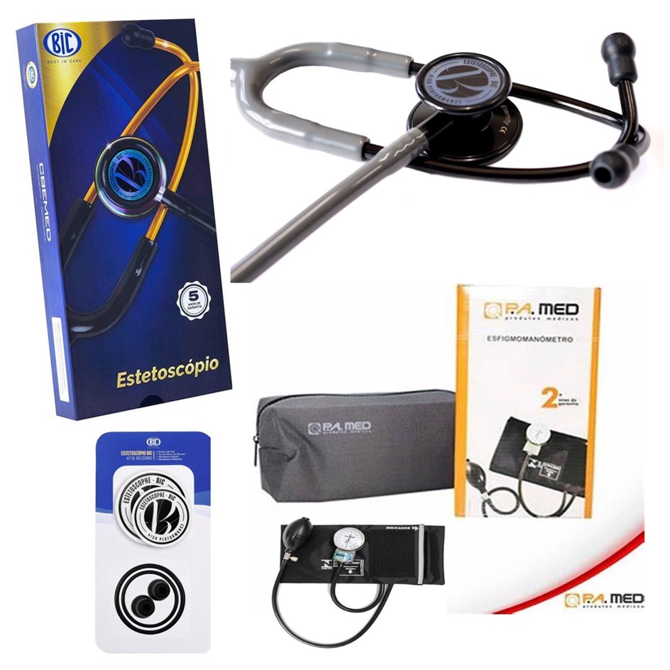 Estetoscópio Bic Profissional Eternity Cinza Linha Black e Aparelho de Pressão Bic PAMED