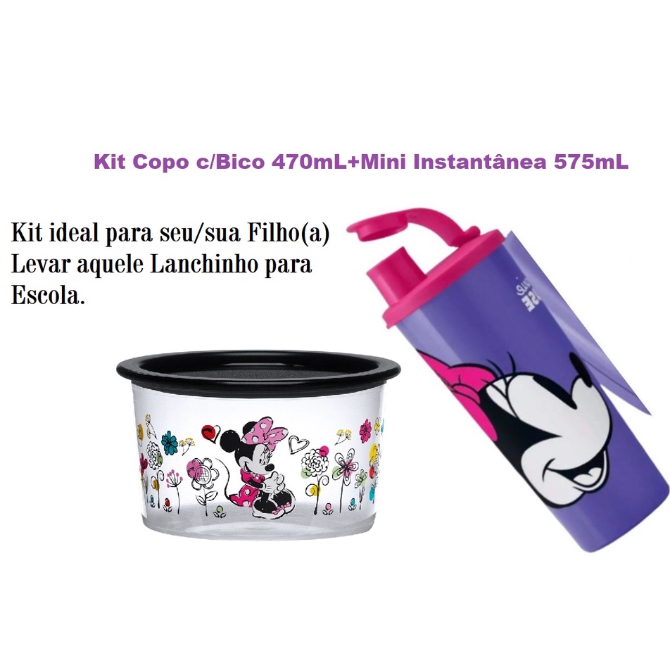 Kit Tupperware Copo com Bico Minnie 470ml Roxo + Mini Instantânea Primavera Minnie 575mL