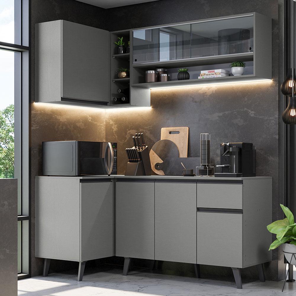 Armário de Cozinha Completa de Canto 265cm Cinza Nice Madesa 01 em Oferta na Shopee