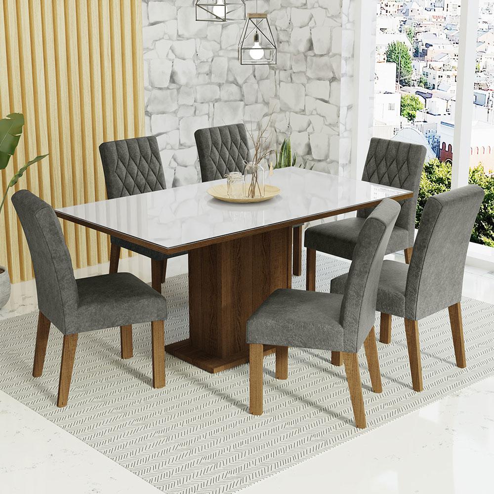 Conjunto Sala de Jantar Mesa Tampo de Vidro 6 Cadeiras Rustic/Branco/Silver Geórgia Madesa - Home & Living
