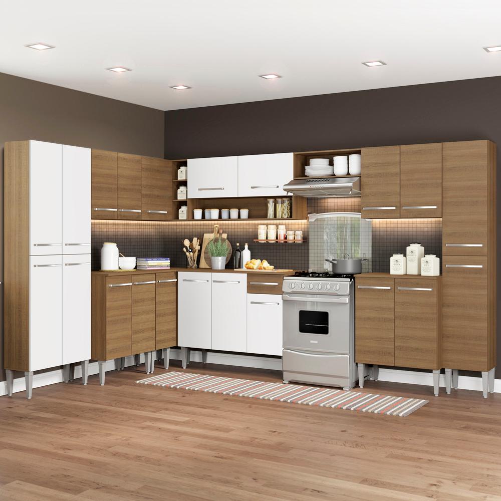 Cozinha Completa de Canto Madesa Emilly Big com Armário e Balcão 21 Portas 1 Gaveta - Rustic/Branco em Oferta na Shopee