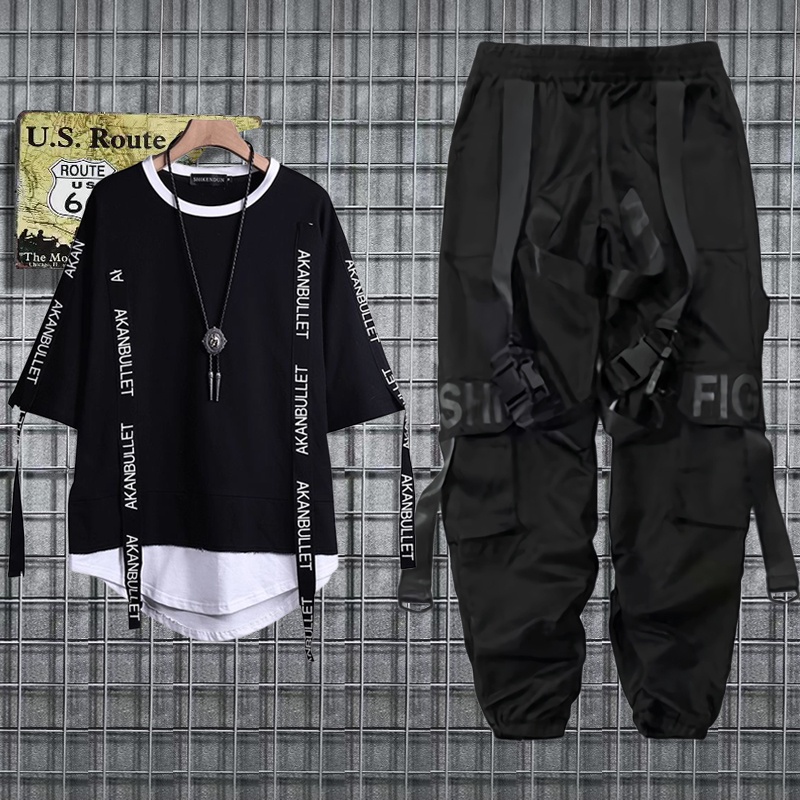 Calça Cargo Masculina Hip Hop Preta Calças De Jogger Com Fita Streetwear  Harem + Camiseta Estampa De Bainha De Buraco Preto Conjunto Largo -  Escorrega o Preço