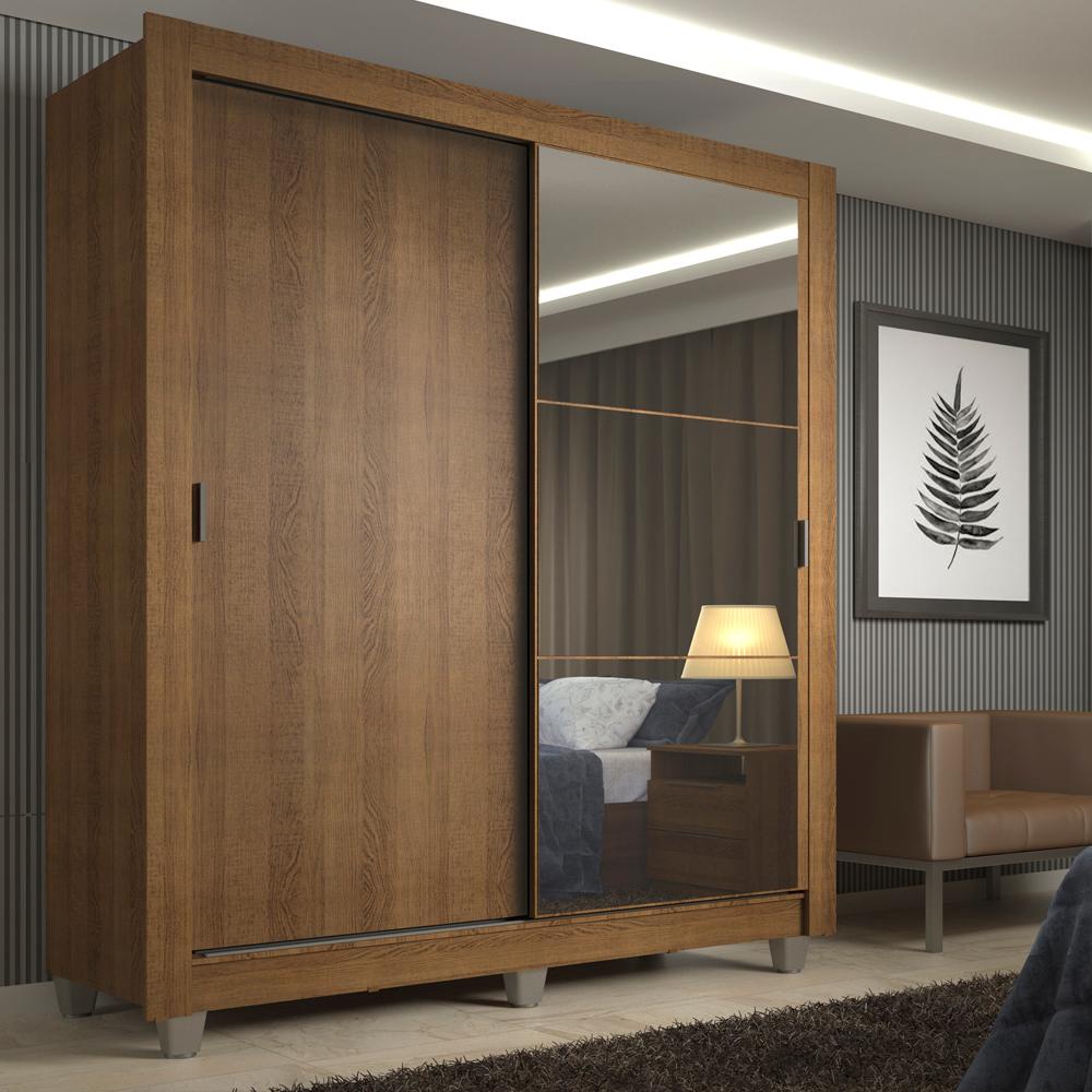 Guarda-Roupa Solteiro Madesa Denver 2 Portas de Correr com Espelho com Pés - Rustic - Home & Living