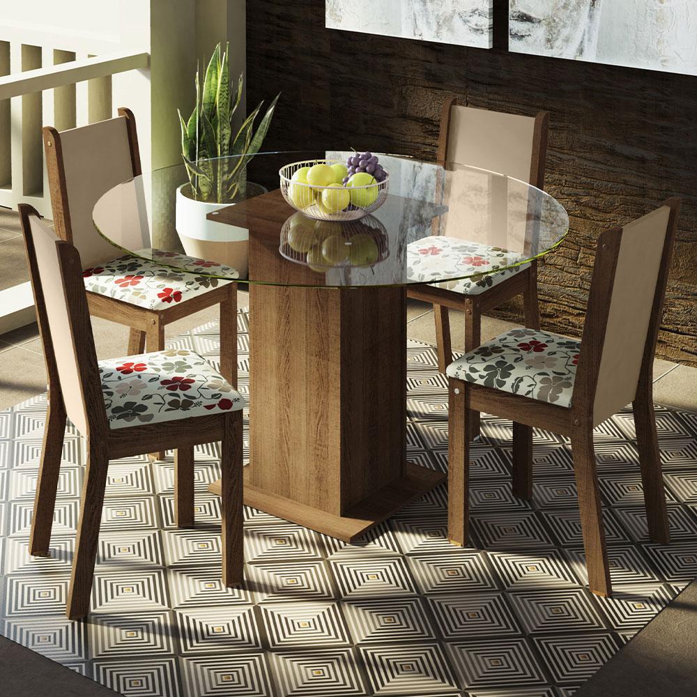 Conjunto Sala de Jantar Madesa Madu Mesa Tampo de Vidro Redondo 4 Cadeiras - Rustic/Crema/Hibiscos em Oferta na Shopee