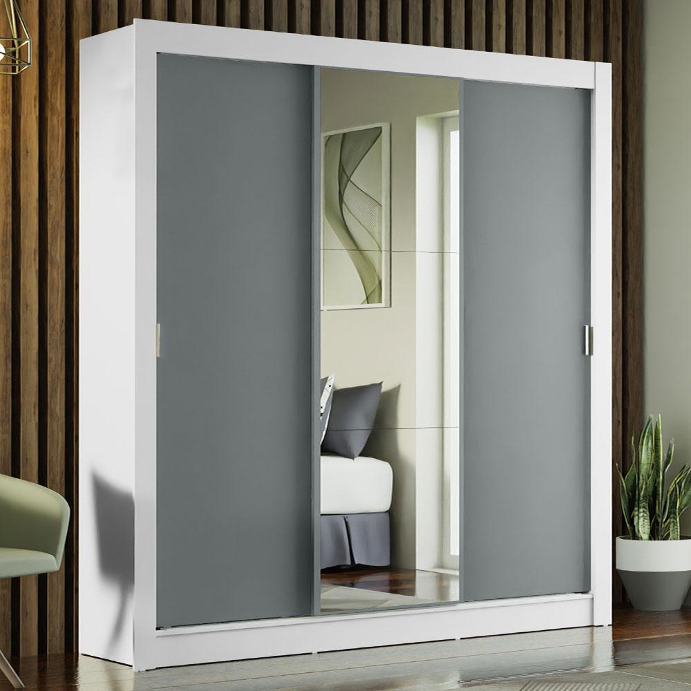 Guarda-Roupa Casal Madesa Mônaco 3 Portas de Correr com Espelho - Branco/Cinza - Home & Living
