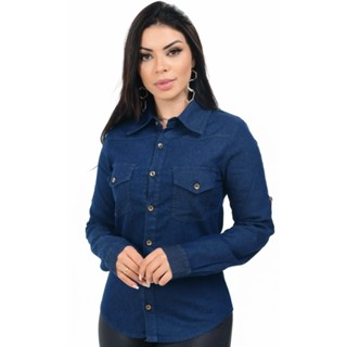 Camisa Jeans Feminina com Bolsos Modelo Importado Liso