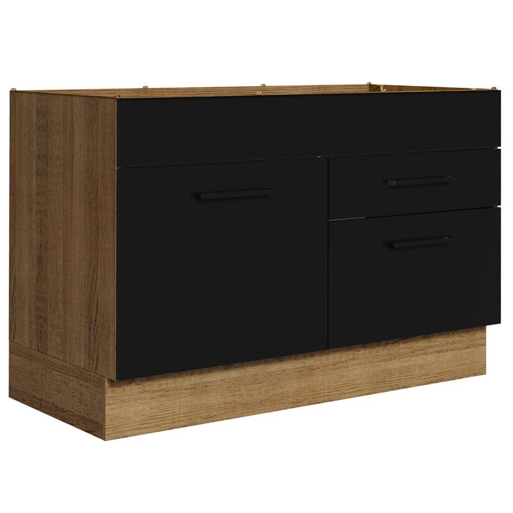 Balcão Gabinete de Pia Cozinha 120 x 60 cm 1 Porta 2 Gavetas Rustic/Preto (Sem Tampo) Agata Madesa - Home & Living