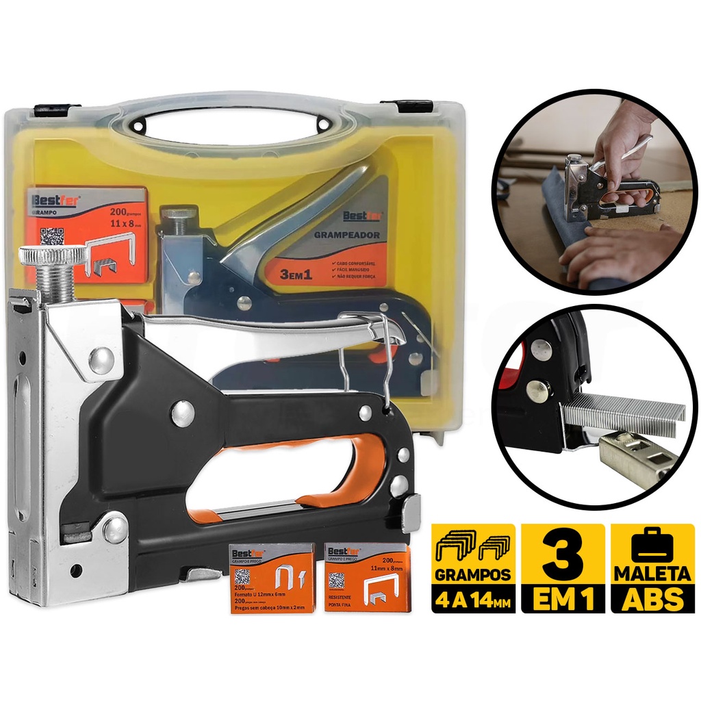 Grampeador Pinador Profissional 3 Em 1 Tapeceiro Madeira Estofado Manual Bestfer BFH0133 - Home & Living
