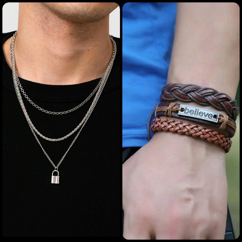 Colar masculino em camadas com pingente de cadeado. Conjunto 3 pulseiras masculinas de couro PU detalhe believe, tamanho regulável