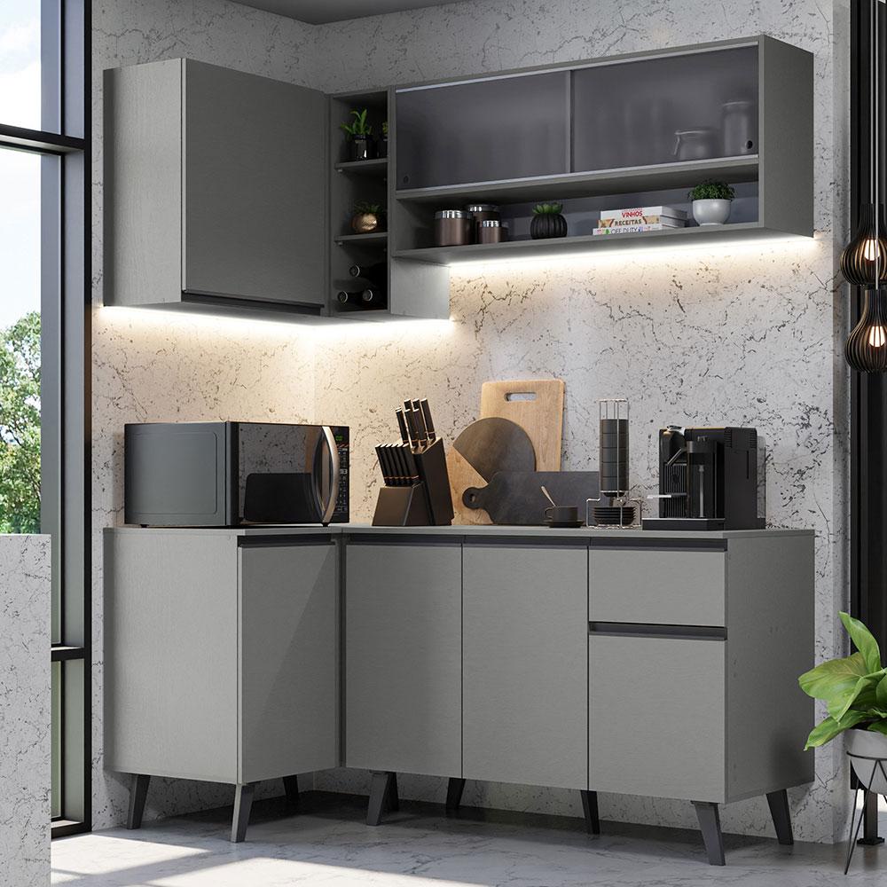 Armário de Cozinha Completa de Canto 265cm Cinza Nice Madesa 02 em Oferta na Shopee