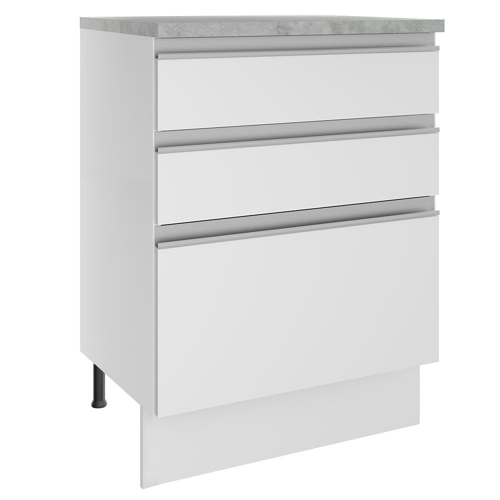 Balcão Armário de Cozinha 60 cm 3 Gavetas Branco Glamy Madesa - Home & Living