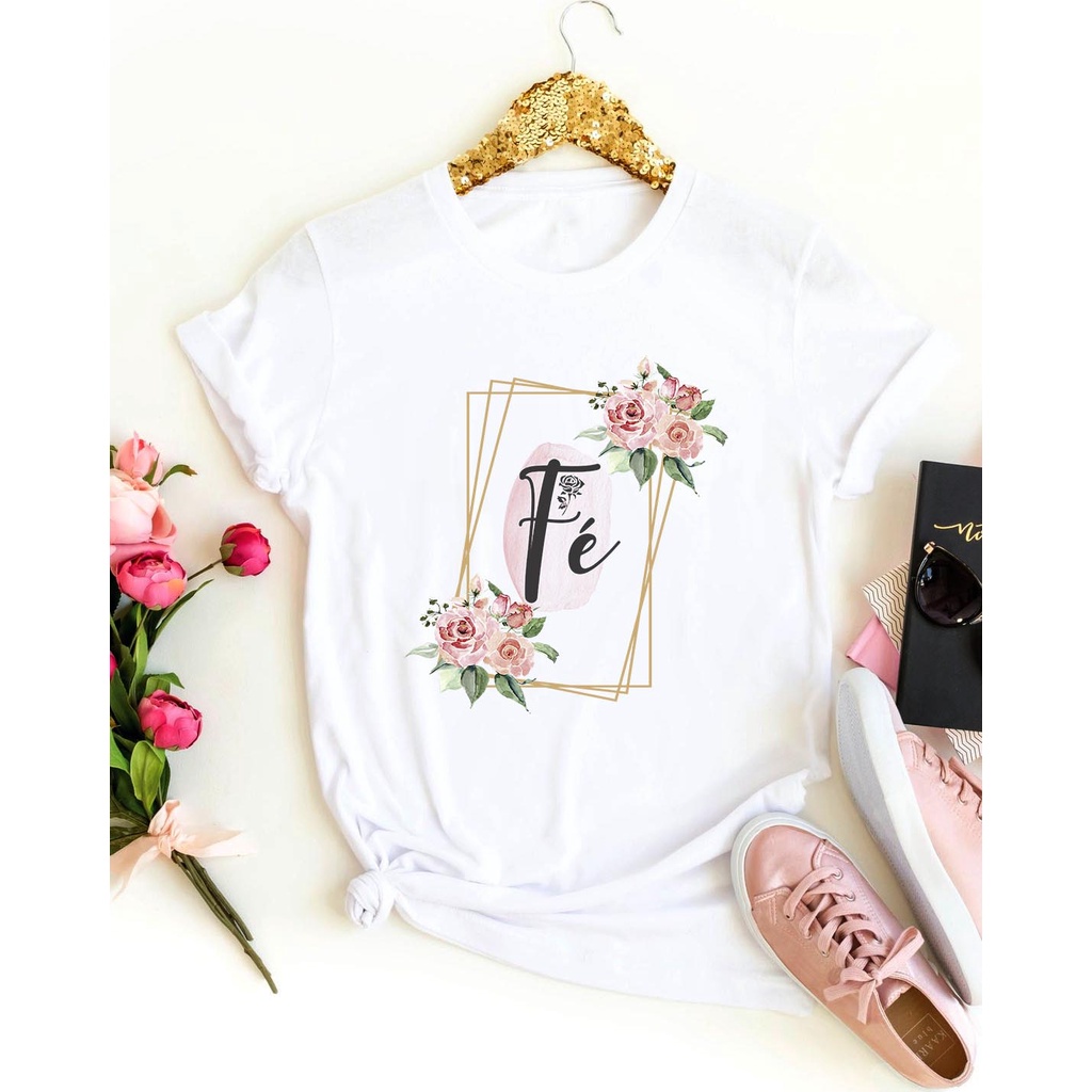 Camiseta T-Shirt Feminina Estampa "Fé" 100% Poliéster, Camiseta Personalizada, Camiseta Evangélica