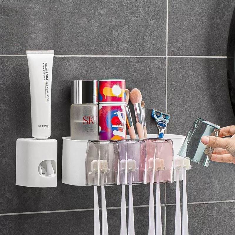 Dispenser de Creme Dental Pasta de Dente Suporte Escova Dente Multifuncional com 4 copos em Oferta na Shopee