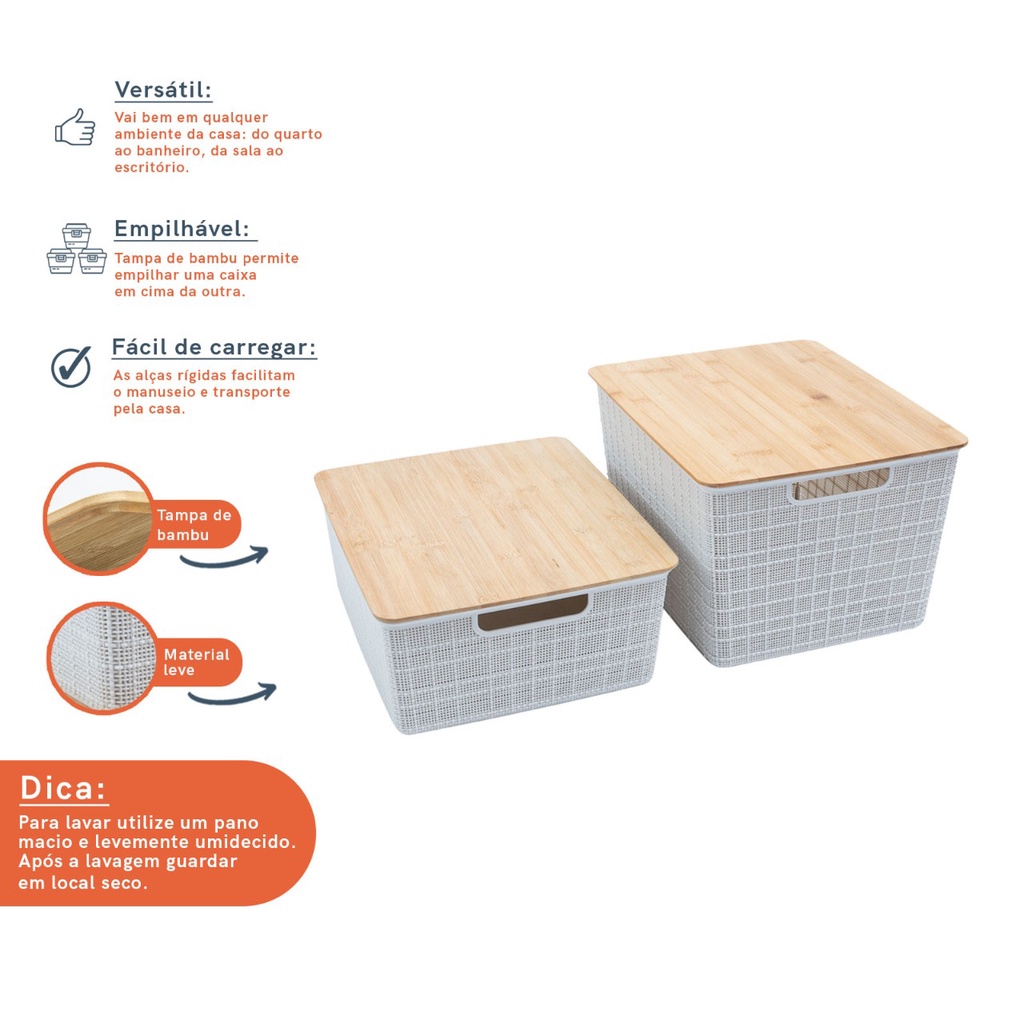 Detalhes do Kit 2 caixas organizadoras tampa bambu 12l/18l branco– Oikos