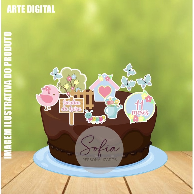 Topo de Bolo - Topper de Bolo Personalizado Aniversário Mesversario Jardim Encantado Passarinho