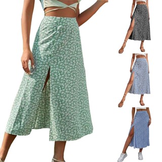 Midi saia feminino de cintura alta estampa floral boho alta fenda Uma linha