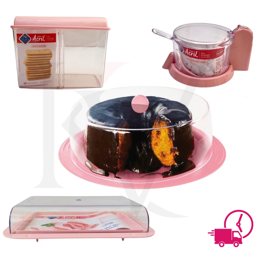 Kit conjunto de cozinha rosa boleira porta biscoito açucareiro porta frios 4 peças