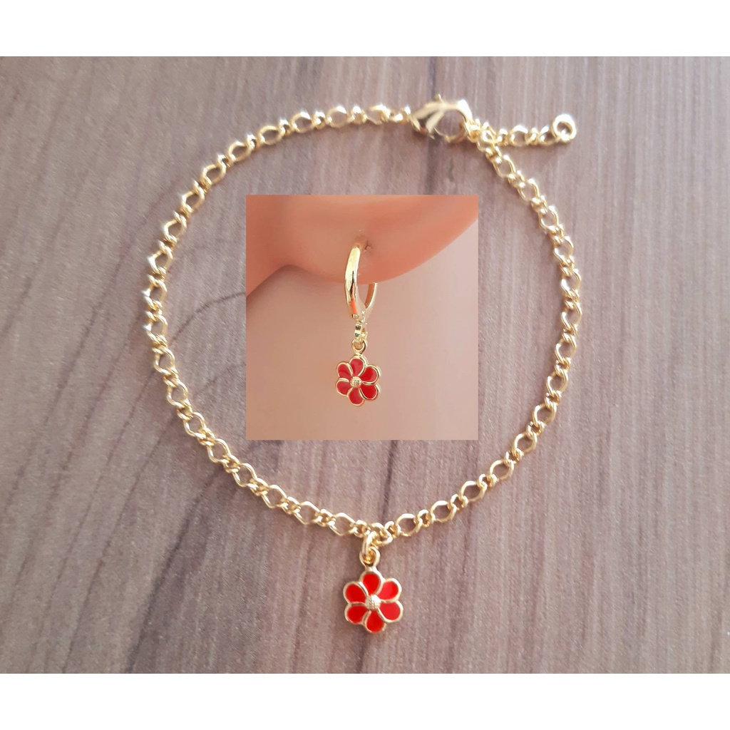 Kit Pulseira + Brinco Infantil Menina Folheado Ouro 18k Antialérgico em Oferta na Shopee