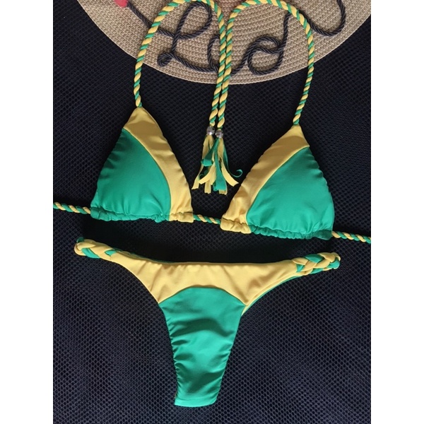 biquini dupla face amarelo com verde bandeira, semi dio, com, boljo