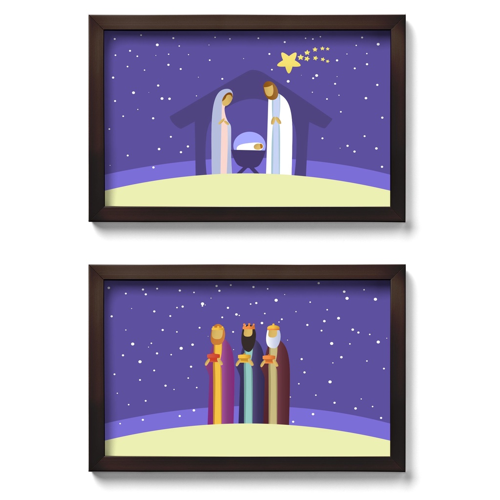 Presépio de Parede Quadro Natalino com Reis Magos - kit com 2 quadros