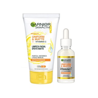Kit Rotina Completa Garnier Anti-manchas Uniform&Matte Vitamina C - Limpeza Facial + Serum Antimarcas, 15ml em Oferta na Shopee