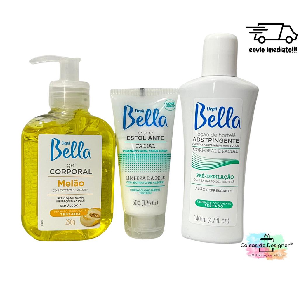 Kit Iniciante Designer Gel Melão 250g Esfoliante Alecrim 50g  Adstringente Hortelã 140ml Depil Bella em Oferta na Shopee