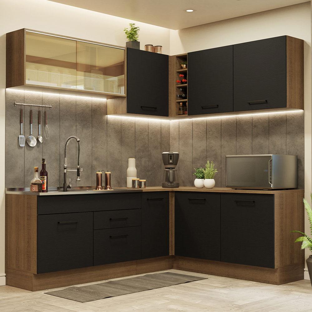 Cozinha Completa de Canto Madesa Agata 389001 com Armário e Balcão (Sem Tampo e Pia) - Rustic/Preto em Oferta na Shopee