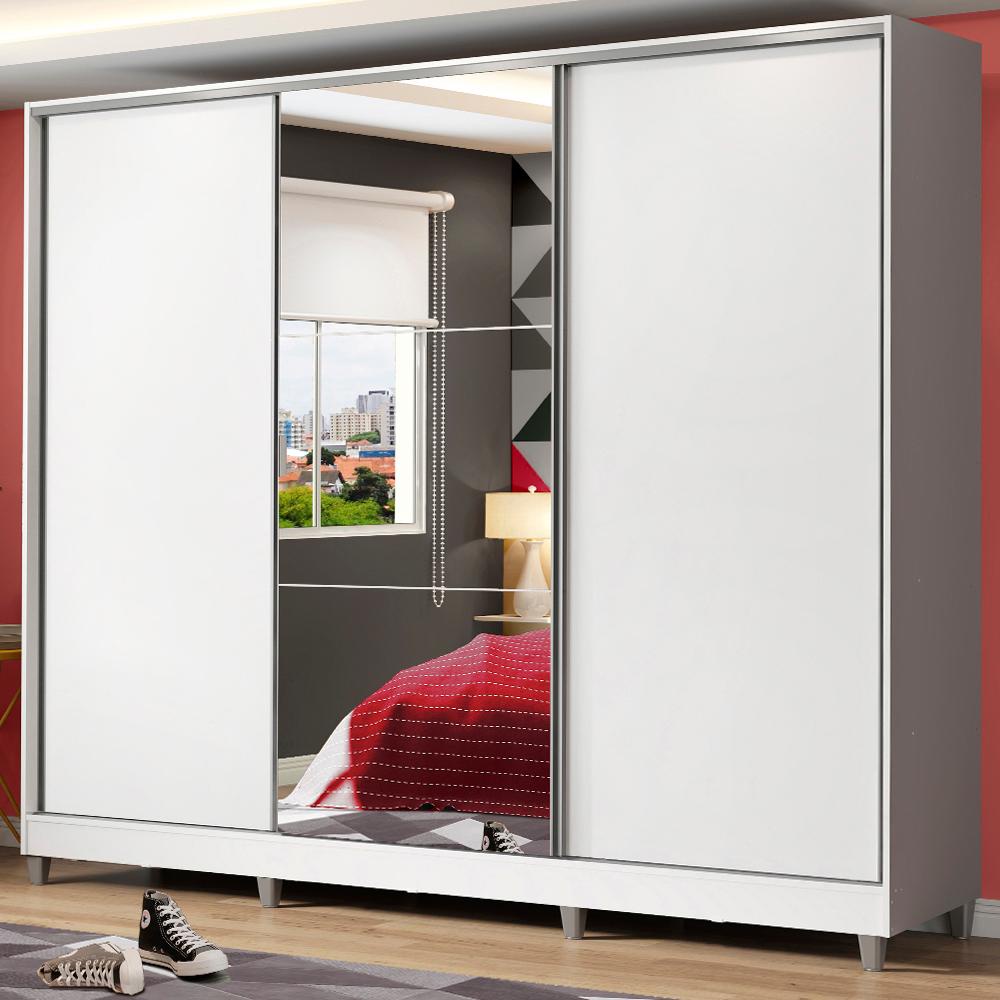 Guarda Roupa Juvenil 100% MDF Madesa Kevin 3 Portas de Correr com Espelho com Pés - Branco - Home & Living