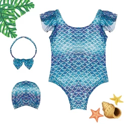 Maiô Infantil Sereia Metalizado Kit Natação com Touca e Tiara Multicores para Meninas 2 a 7 Anos