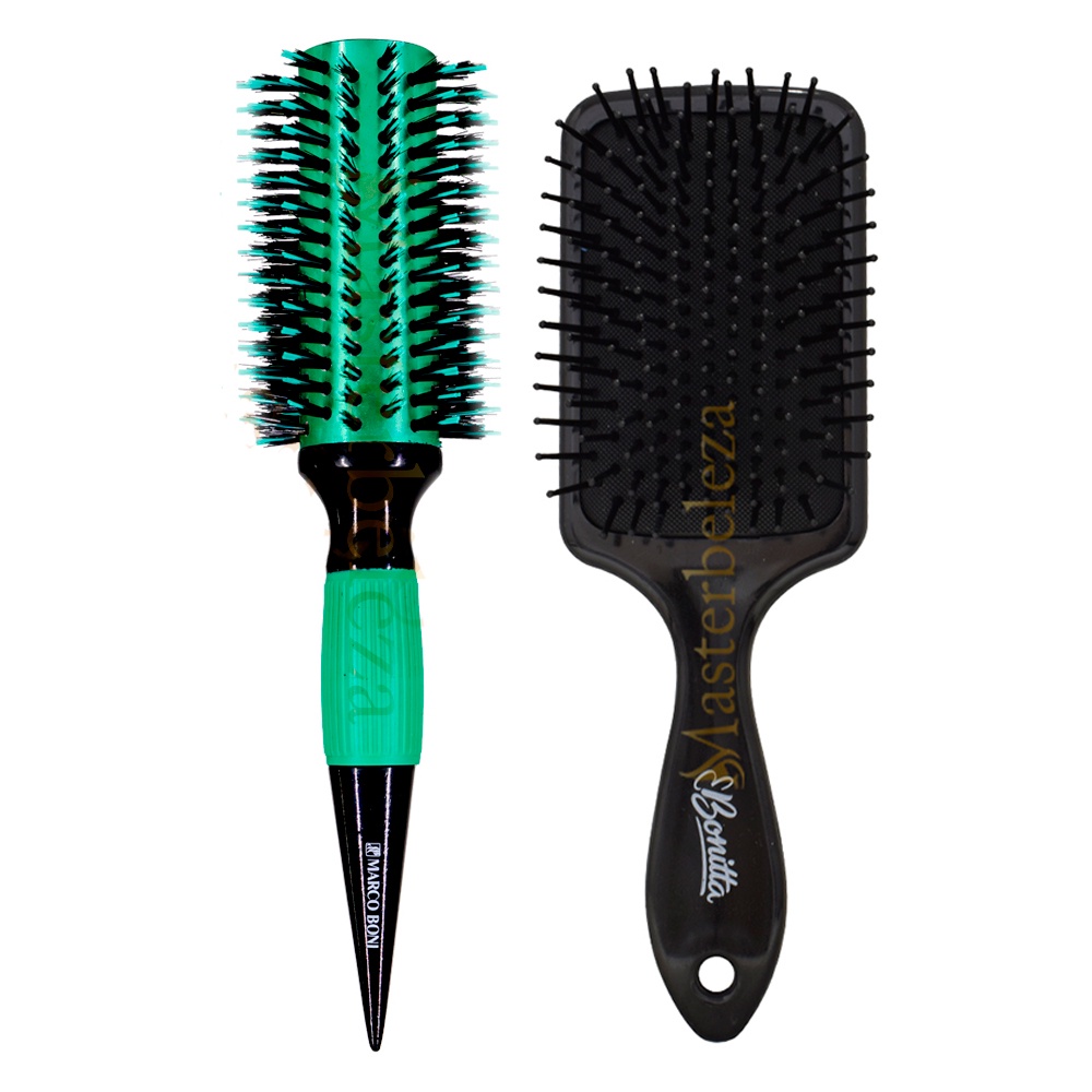 Escova De Cabelo Thermal Metallic 64mm Verde + Raquete Preta Bonitta