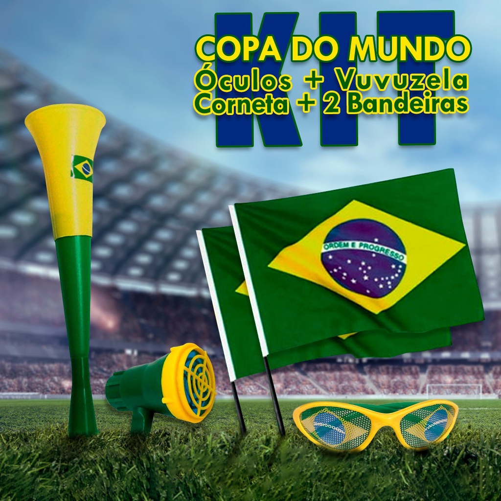 Kit Torcedor Brasil Copa do Mundo C/ Bandeira Óculos Corneta Vuvuzela |  Shopee Brasil