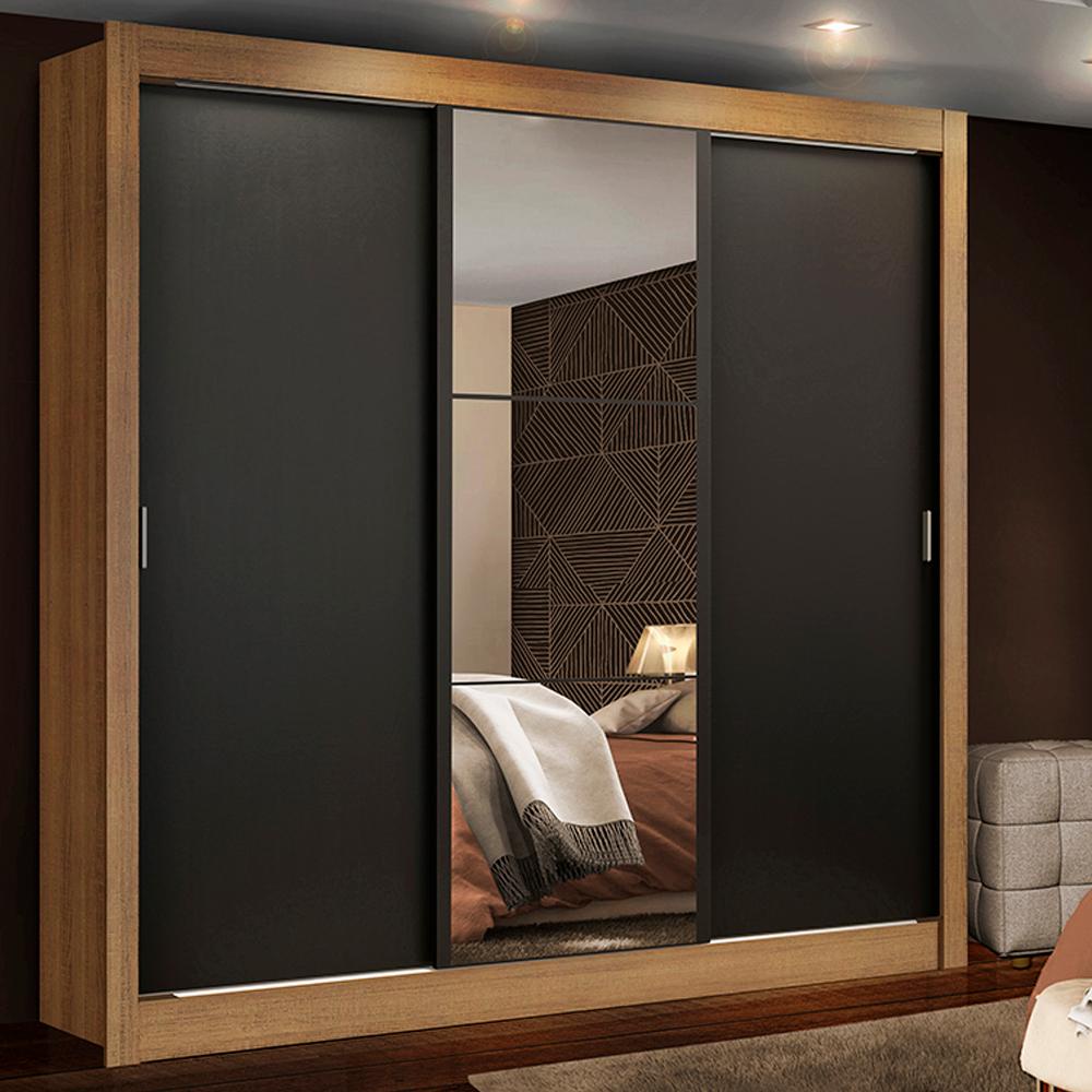 Guarda Roupa Casal Madesa Mônaco 3 Portas de Correr com Espelho - Rustic/Preto em Oferta na Shopee